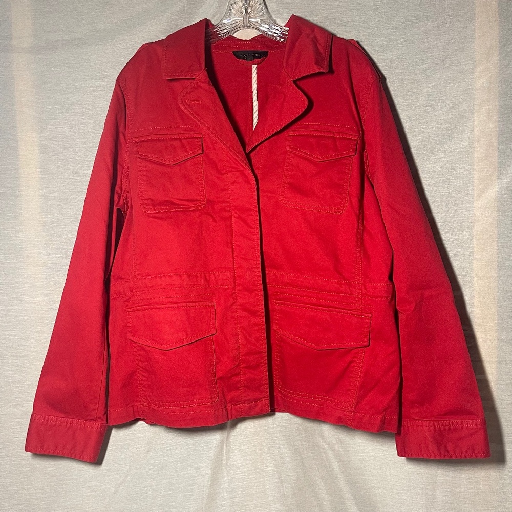 TALBOTS Red Collared Cargo Military Style Utility Jacket. Pockets. Size XL